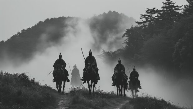 A group of samurai on horseback riding through a foggy mountain pass, 4K Samurai Wallpaper.