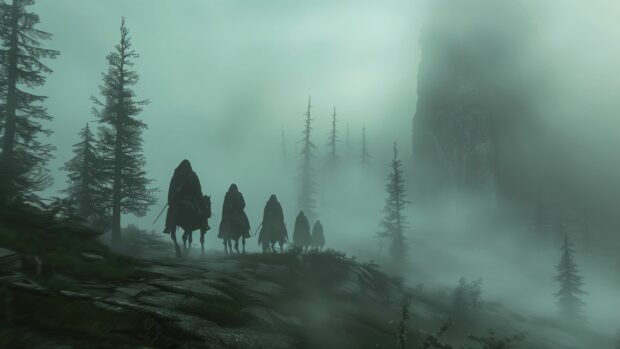 A group of samurai on horseback riding through a foggy mountain pass.