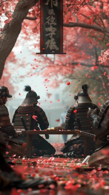 A group of samurai performing a ceremonial ritual in a tranquil garden, surrounded by cherry blossoms.