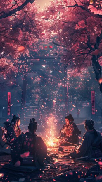 A group of samurai performing a ceremonial ritual in a tranquil garden, surrounded by cherry blossoms, Samurai Wallpaper 4K.