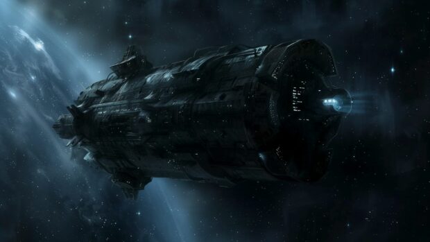 A haunting view of a derelict spaceship drifting in the dark expanse, with distant stars providing minimal light.