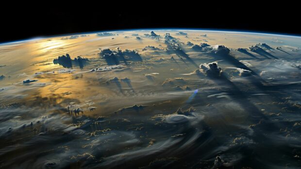 A high resolution Earth from space background, with detailed cloud formations and continents visible.