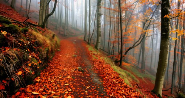 A hiking trail through a forest in autumn background 4K, leaves crunching underfoot.