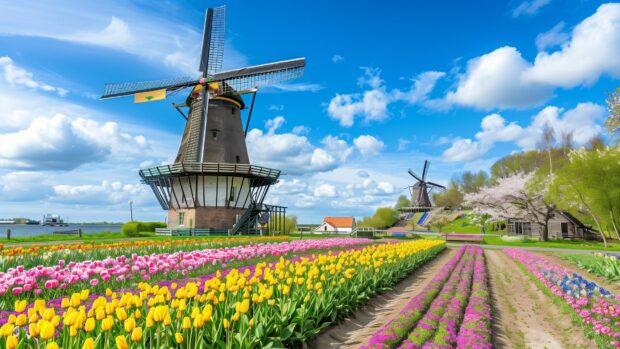 A historic windmill in a picturesque countryside setting with vibrant tulip fields in bloom .