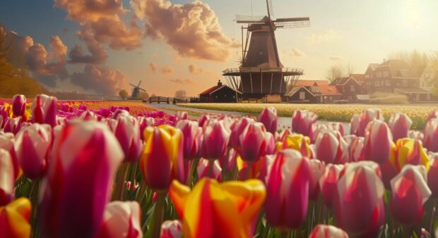 A historic windmill in a picturesque countryside setting with vibrant tulip fields in bloom, Country Wallpaper for Desktop.