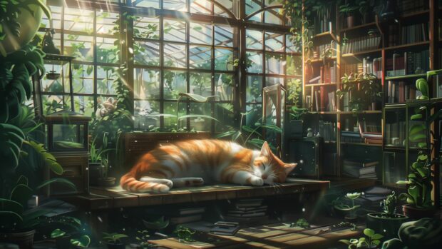 A illustration of a cool cat napping in a cozy, sunlit room filled with plants and books.