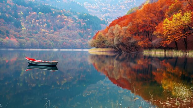 A lake reflecting the fall foliage, with a small boat anchored by the shore.
