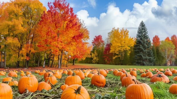A lively pumpkin patch in autumn, with rows of pumpkins and colorful fall trees in the background.
