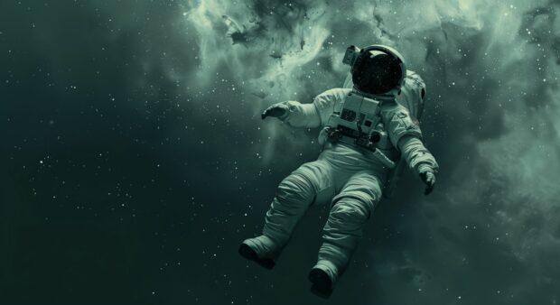 A lone astronaut floating in the darkness of space desktop wallpaper, with distant galaxies and faint stars illuminating the void.