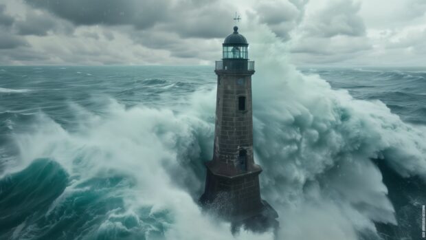 A lone lighthouse standing strong amidst a fierce ocean storm.