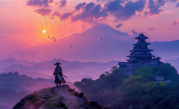 A lone samurai silhouette atop a hill overlooking a feudal Japanese castle, Samurai Desktop Wallpaper.
