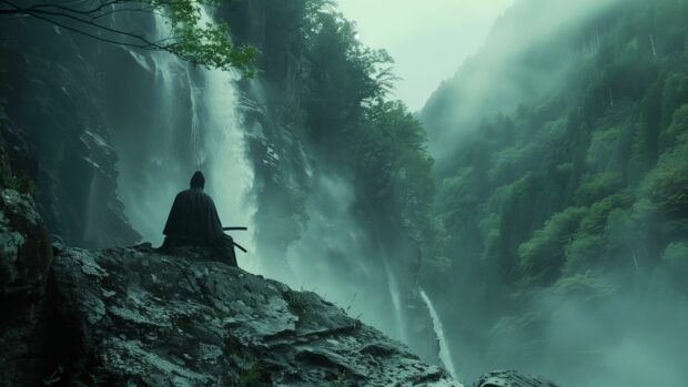 A lone samurai sitting at the edge of a waterfall, contemplating the flowing water and mist.