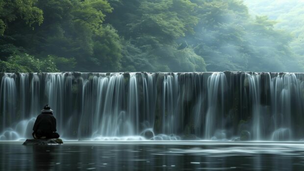 A lone samurai sitting at the edge of a waterfall, contemplating the flowing water and mist.