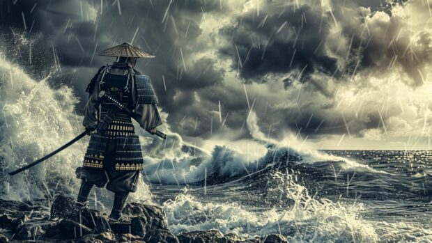 A lone samurai warrior standing on a rocky shoreline, with crashing waves and a stormy sky in the background.