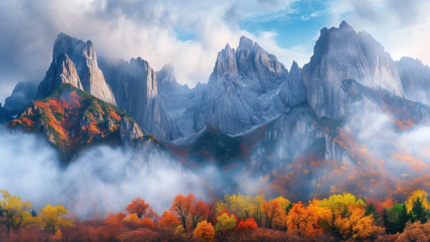A majestic mountain landscape in Fall 4K wallpaper, with colorful trees and misty peaks.