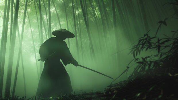 A majestic samurai standing alone in a misty bamboo forest, with his katana drawn, ready for battle.