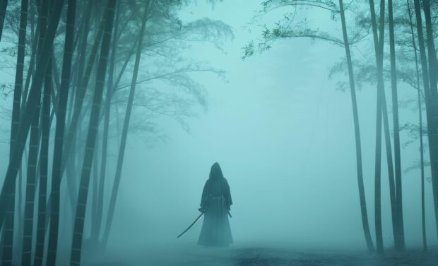 A majestic samurai standing alone in a misty bamboo forest, with his katana drawn, ready for battle.