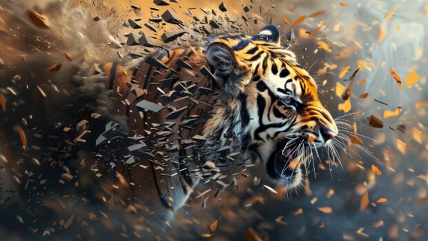 A majestic tiger, its head and body made of sharp metal pieces breaking apart in an explosion of flying fragments against a Cool HD Wallpaper.
