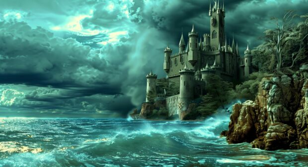 A medieval castle perched on a cliff overlooking a stormy sea, with magical wards and mystical runes, reminiscent of MTG castle fortresses.