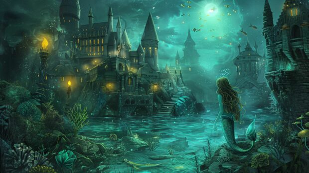 A mermaid and her friends exploring an underwater kingdom with majestic castles.