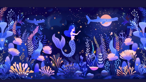 A mermaid enjoying a dance with other sea creatures under the moonlight.