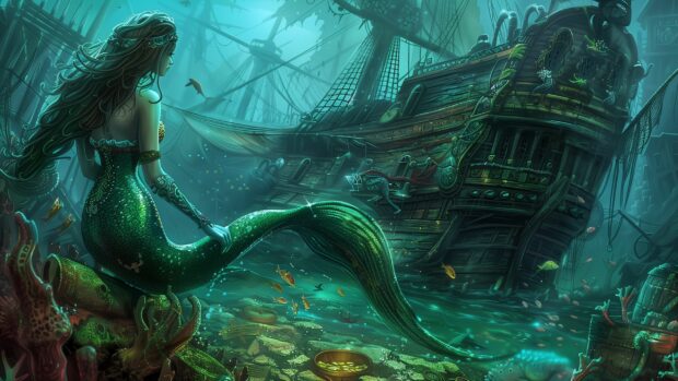 A mermaid exploring a sunken pirate ship filled with treasure.