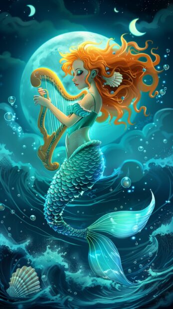 A mermaid playing a harp made of seashells beneath the moonlit waves.
