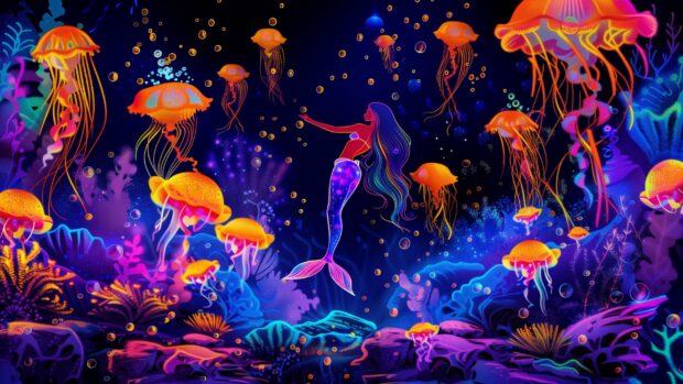 A mermaid playing with a school of jellyfish in a vibrant underwater cave.