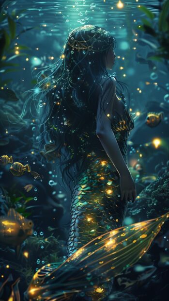 A mermaid princess attending an underwater ball, shimmering with bioluminescent scales.