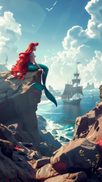 A mermaid princess sitting on a rocky outcrop, gazing at a distant ship on the horizon.