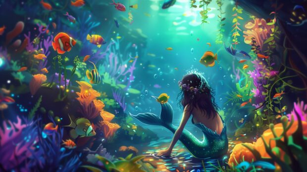 A mermaid relaxing in an underwater garden.