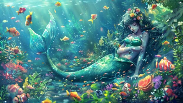 A mermaid relaxing in an underwater garden surrounded by colorful fish.