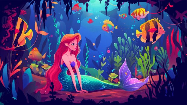A mermaid relaxing in an underwater garden surrounded by colorful fish, Cartoon character wallpaper.