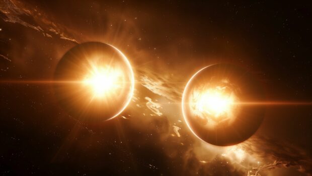 A mesmerizing view of a binary star system with two suns illuminating a distant planet in cool outer space.