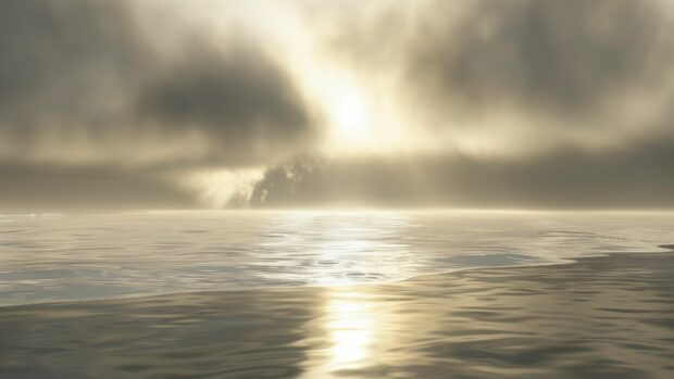 A misty morning over a calm ocean with soft light filtering through the fog, 4K wallpaper.