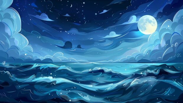 A moonlit ocean HD wallpaper for desktop with gentle waves and a starry sky.