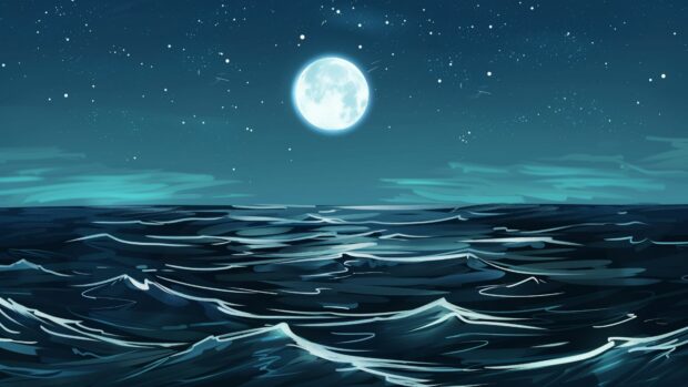 A moonlit ocean wallpaper 4K with gentle waves and a starry sky.