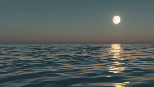A moonlit ocean wallpaper with a calm surface and a bright full moon.