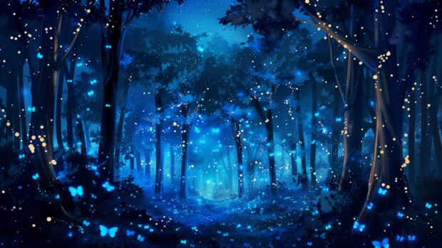 A mystical forest at dusk with cool blue fireflies 4K wallpaper for PC.