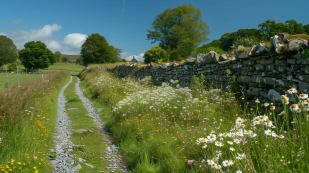 A narrow country lane flanked by blooming wildflowers and old stone walls under a clear blue sky .