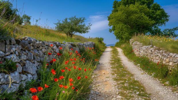 A narrow country lane flanked by blooming wildflowers and old stone walls under a clear blue sky, 2K Country Background.