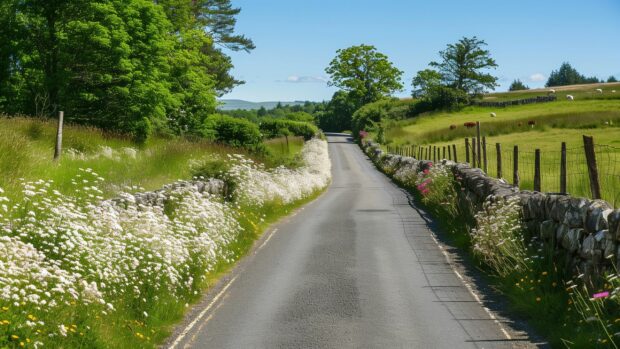 A narrow country lane flanked by blooming wildflowers and old stone walls under a clear blue sky.
