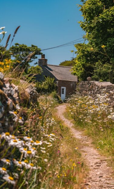 A narrow country lane flanked by blooming wildflowers and old stone walls under a clear blue sky, Road Wallpaper.