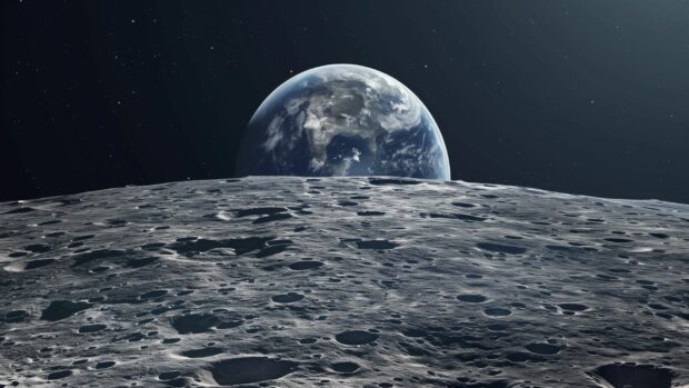A panoramic Moon Space Wallpapers HD 1080p with Earth rising in the distance.