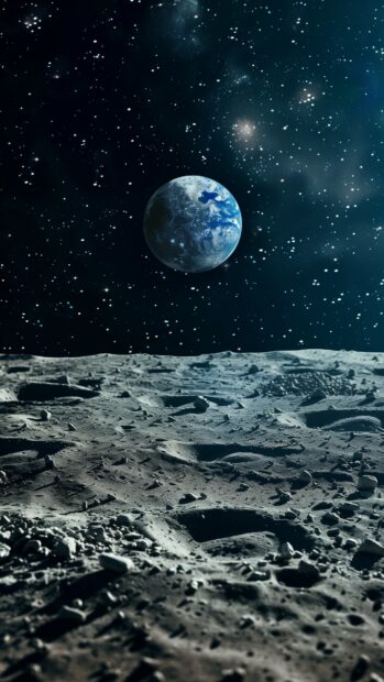 A panoramic Moon surface background for iPhone with Earth rising in the distance.