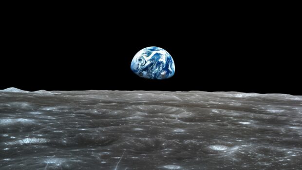 A panoramic Moon surface wallpaper with Earth rising in the distance, 4K space background.