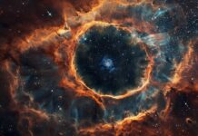 A panoramic view of a planetary nebula with intricate patterns and vibrant colors set against the darkness of space 4K background.