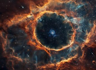 A panoramic view of a planetary nebula with intricate patterns and vibrant colors set against the darkness of space 4K background.