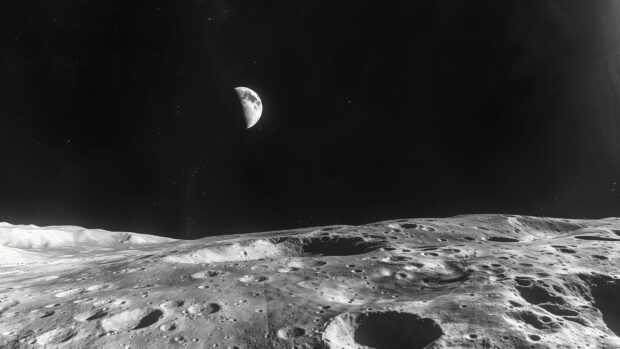 A panoramic view of the Moon’s surface with the Earth rising in the distance, emphasizing the desolate lunar landscape.