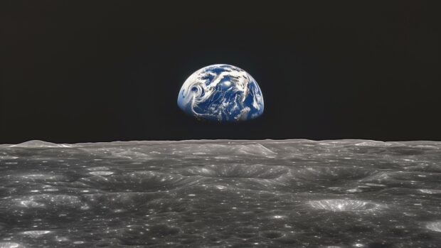 A panoramic view of the surface of the Moon with the Earth rising in the distance.
